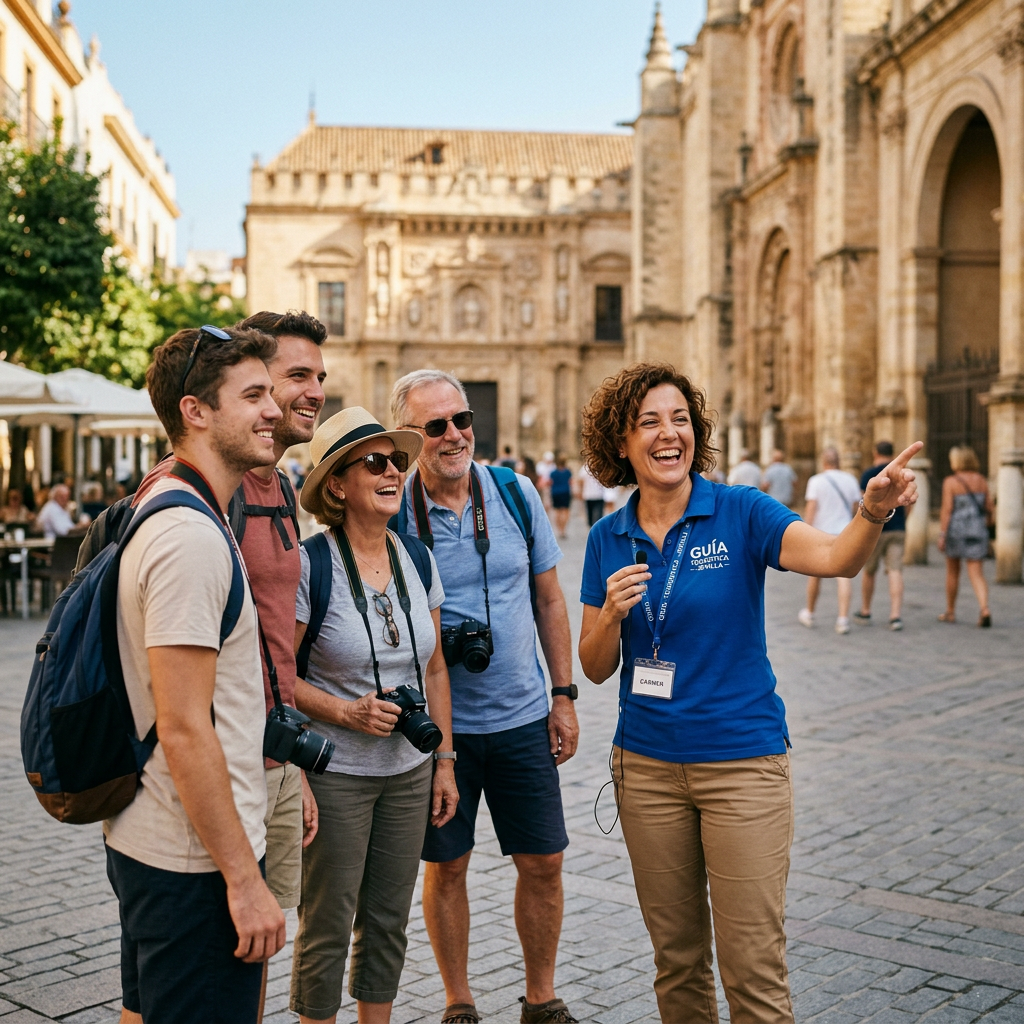 Local tour guide pointing and smiling with a group of tourists in a historic city square
