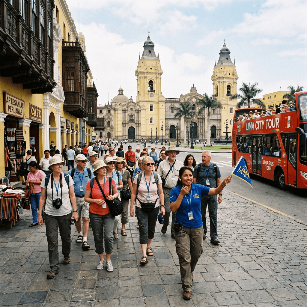 Tour group walking near Lima Cathedral with guide holding Lima City Tour flag