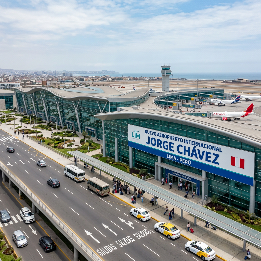 Modern airport terminal with signage for Jorge Chávez International Airport in Lima, Peru, with vehicles and airplanes.